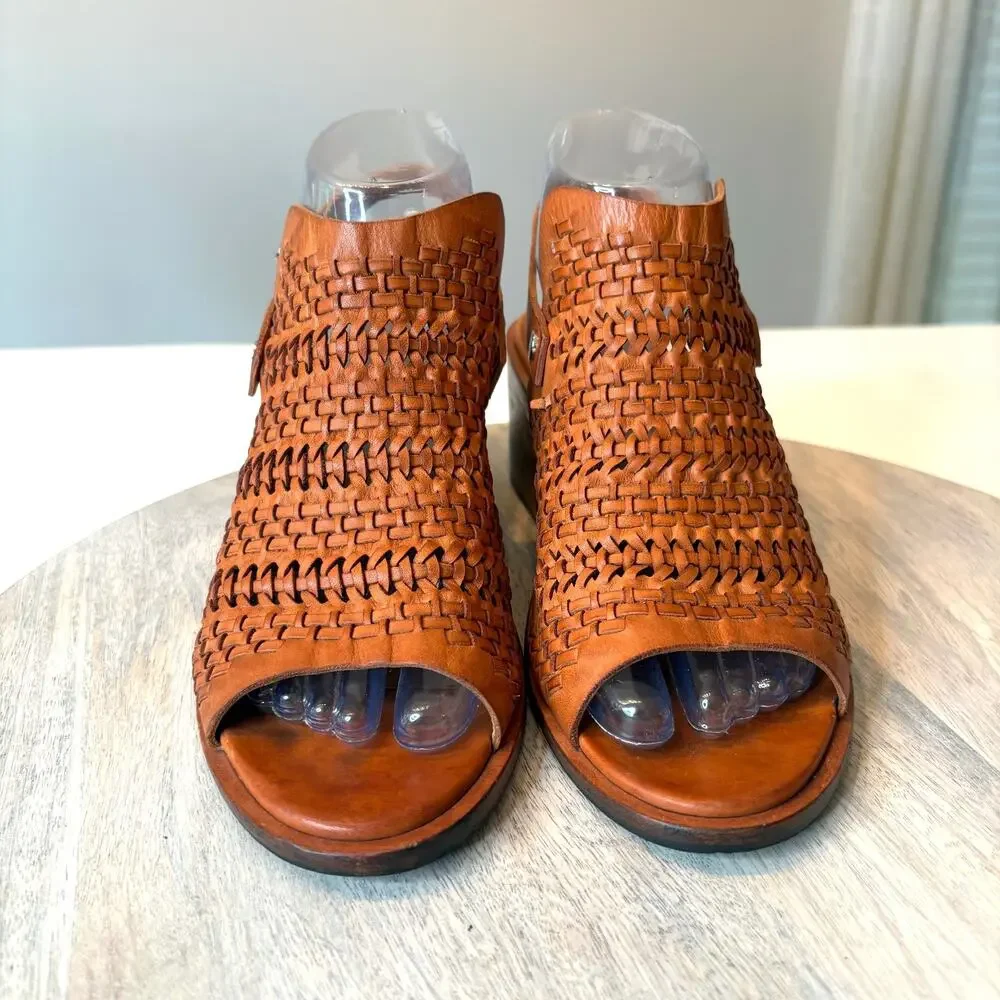 Rag & Bone Wyatt Willow Woven Leather Peep Toe Slingback Heels Brown Size 8 Boho - Picture 6 of 15